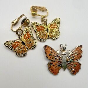 Vintage Butterfly Jewelry Lot Clip-On Earrings Pendant Gold Silver Orange Enamel